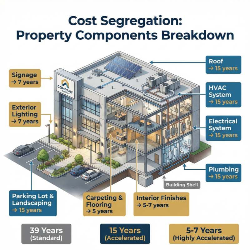 Cost Segregation: Property Components Breakdown — annotated isometric building showing 5-year, 7-year, 15-year, and 39-year property classifications